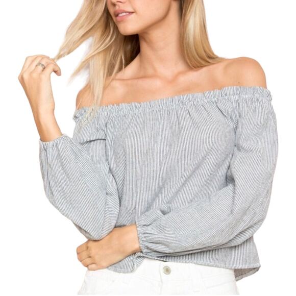 BRANDY MELVILLE Sz Small Off the Shoulder Ruffle Pinstripe Top Coquette Girl - Picture 2 of 6
